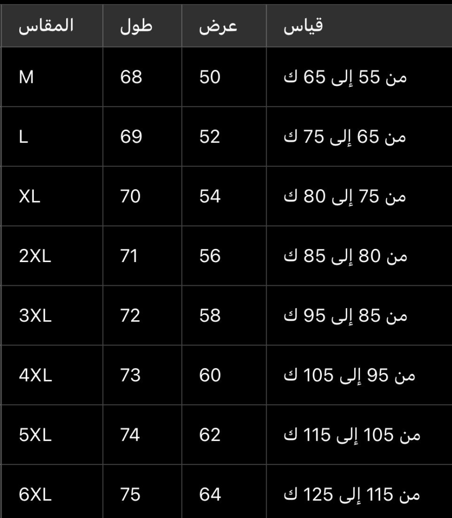 جدول مقاسات تيشيرت بيزك نص كم
